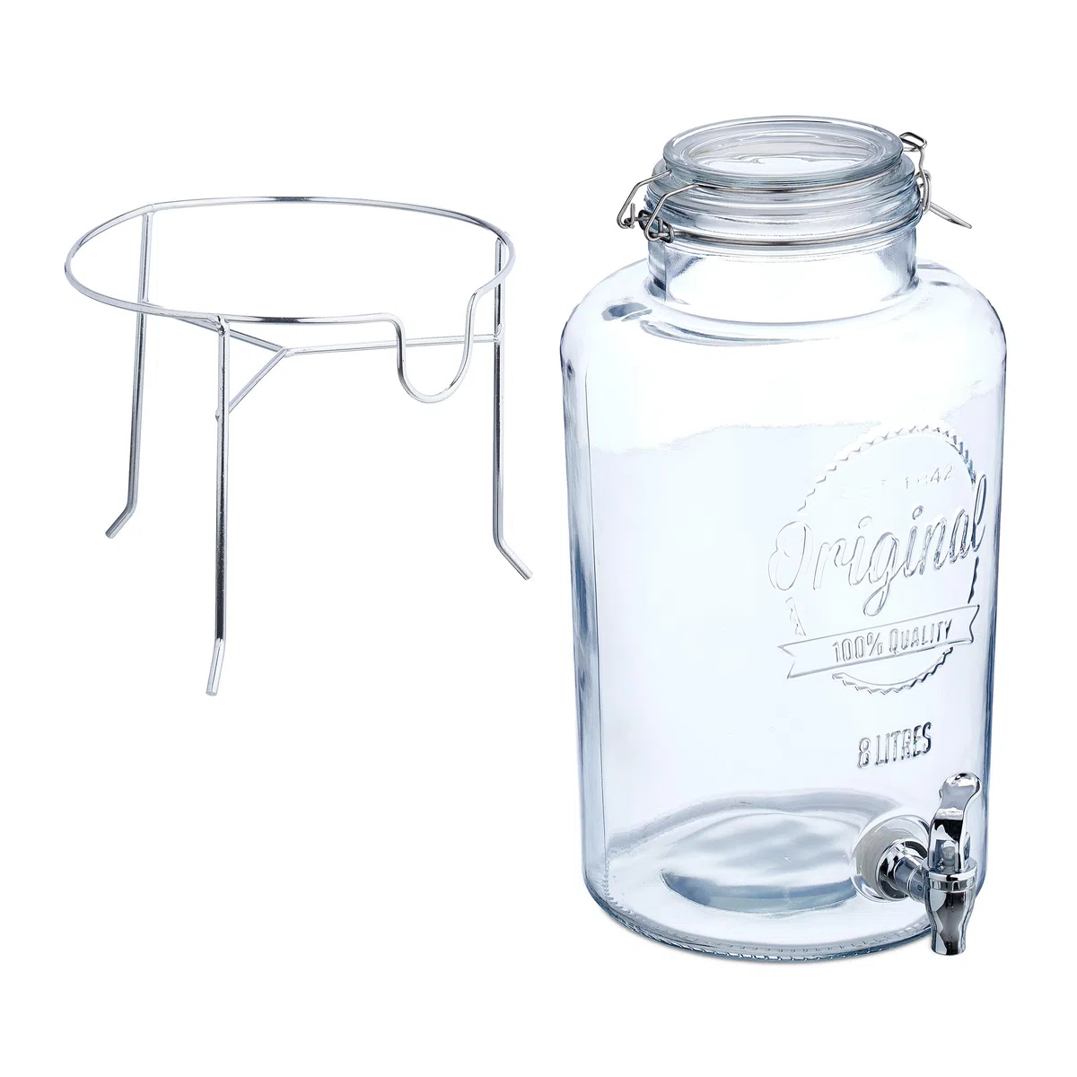 Relaxdays Dispenser in Vetro per Bevande, Erogatore 8 L Rubinetto, Coperchio e Rialzo, Distribuitore Acqua e Limonata