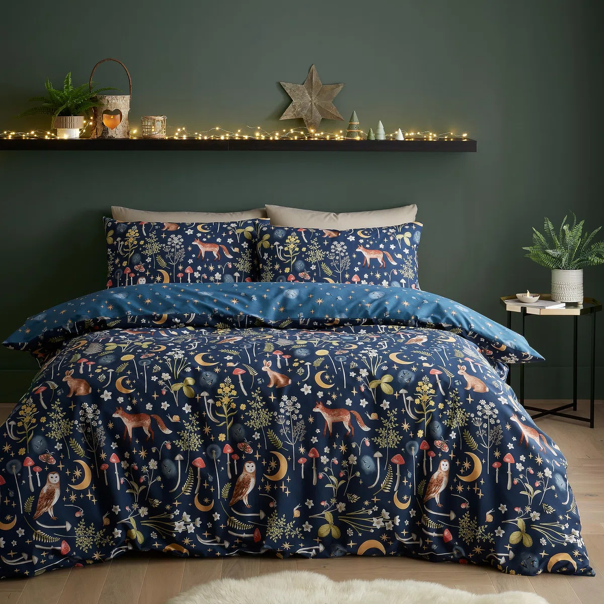 Catherine Lansfield Enchanted Twilight Animals - Set copripiumino matrimoniale reversibile con federe, colore: blu navy