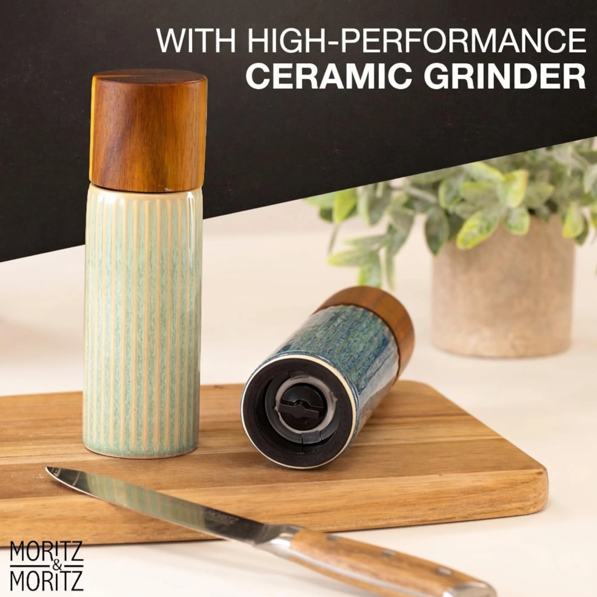Moritz & Moritz PEPE Set 2 Macinaspezie Blu/Verde – Macinapepe e Macinasale in Ceramica, Legno di Acacia e Gres, Regolazione Macinatura, Ricaricabili per Sale, Pepe e Spezie