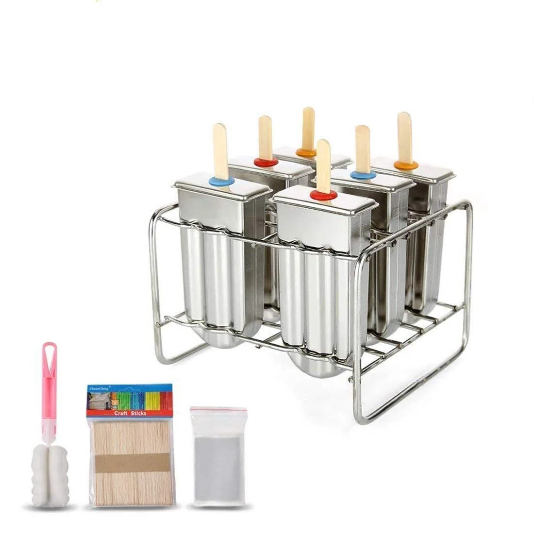 Stampo per ghiaccioli in acciaio INOX con base di supporto per bastone, da freezer, set di 6