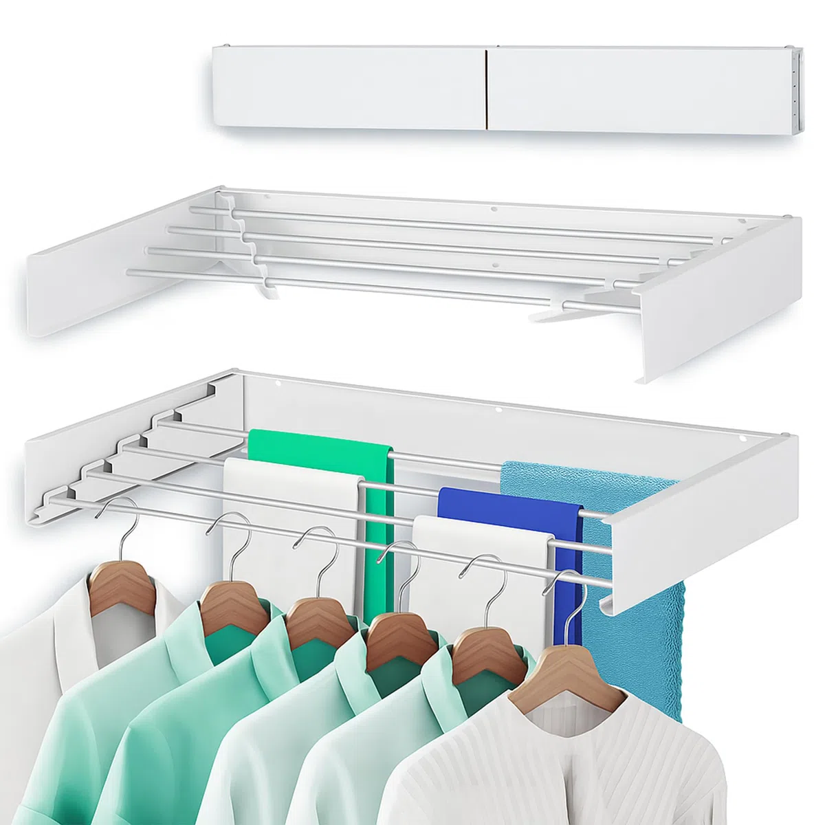 32” Wall Mounted Space Saving Laundry Drying Rack Balcony for Kitchen, Bathroom Use - Foldable Clothes Dryer Rack with 4 Steel Poles - Collapsible Laundry Organizer Indoor Outdoor Drying Line