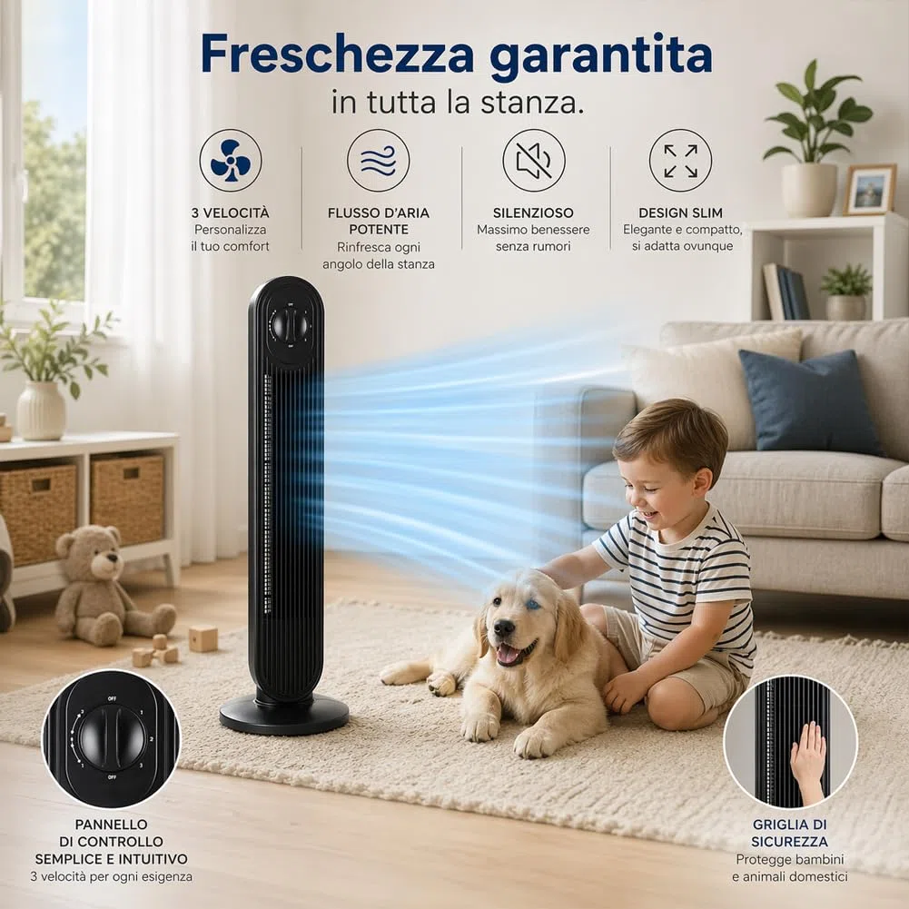 BAKAJI Ventilatore a Torre Potenza 60W, Raffrescatore Verticale da Pavimento Bianco Salvaspazio Altezza 79 cm, Flusso d'Aria Continuo e Pannello di Controllo Ideale per Casa e Ufficio