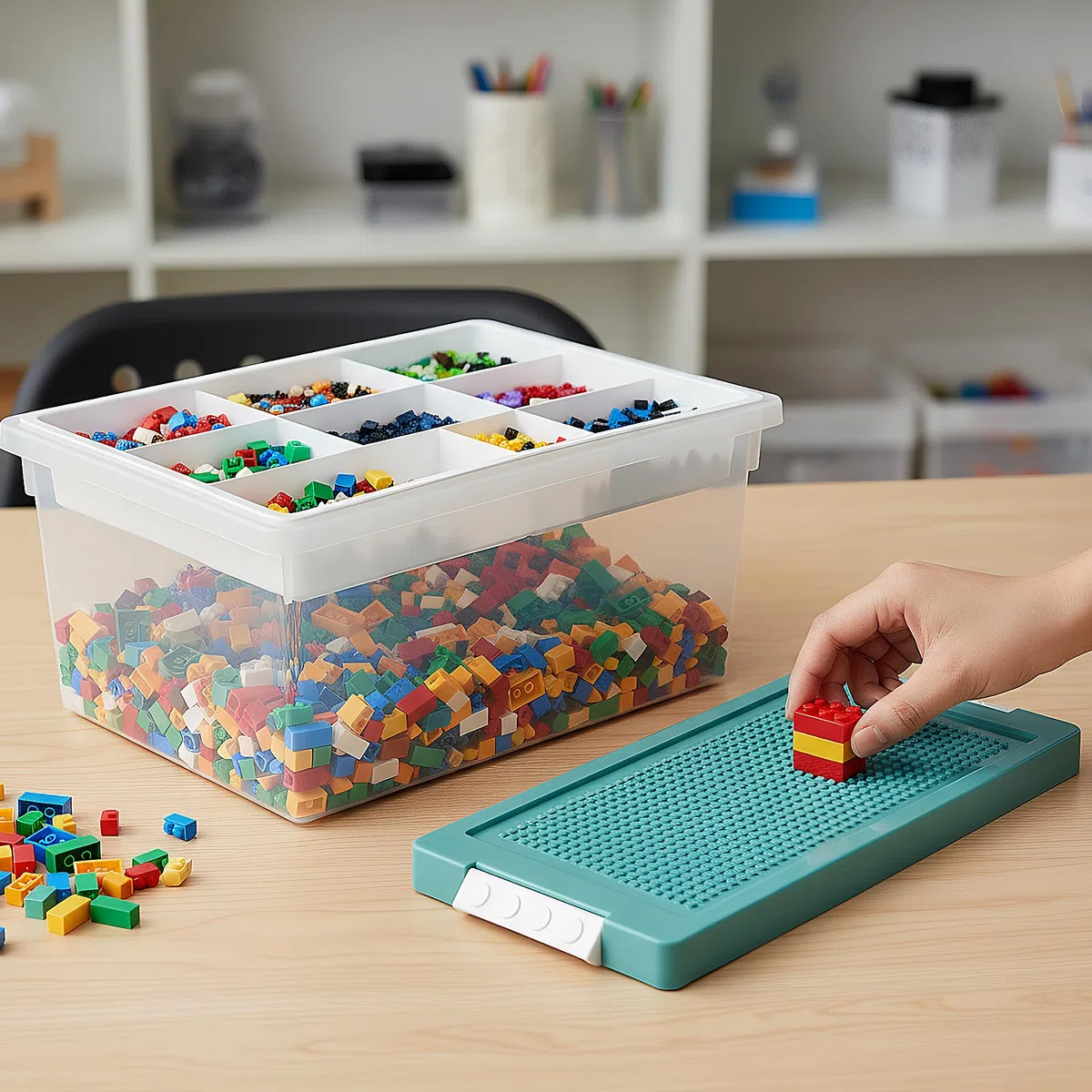 Contenitore Giochi Bambini per Lego, Impilabili Scatola Portaoggetti con Coperchio Vassoio Rimovibile in Plastica Trasparenti Contenitori Portaoggetti per Costruzioni Mattoncini Giochi