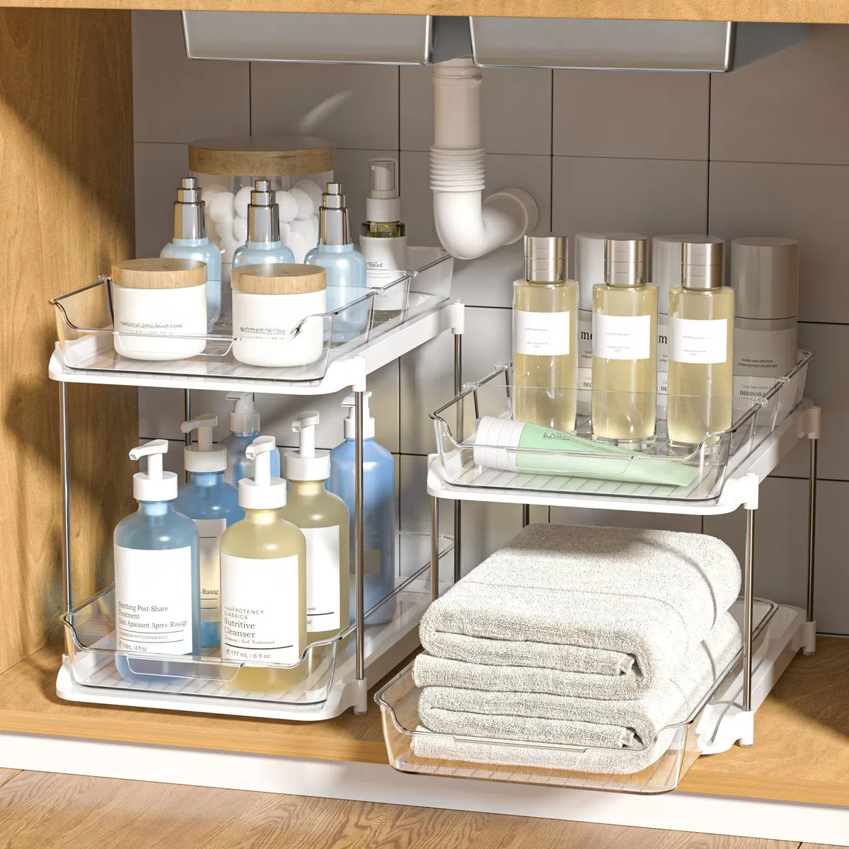 Delamu Organizzatori multiuso a 2 ripiani da bagno sotto il lavandino, impilabili per dispensa da cucina, organizer estraibile per armadietto dei medicinali con divisori mobili, bianco, confezione da