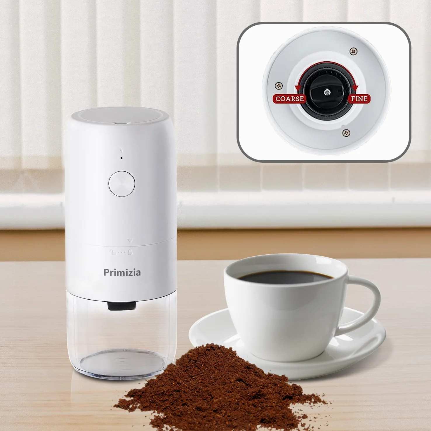 Primizia Macina Caffe' Elettrico Ricaricabile, Macina Caffè Granulometria Regolabile,Macinatura in Ceramica per Chicchi Di Caffè,Bianco (YMJ01-Bianco)