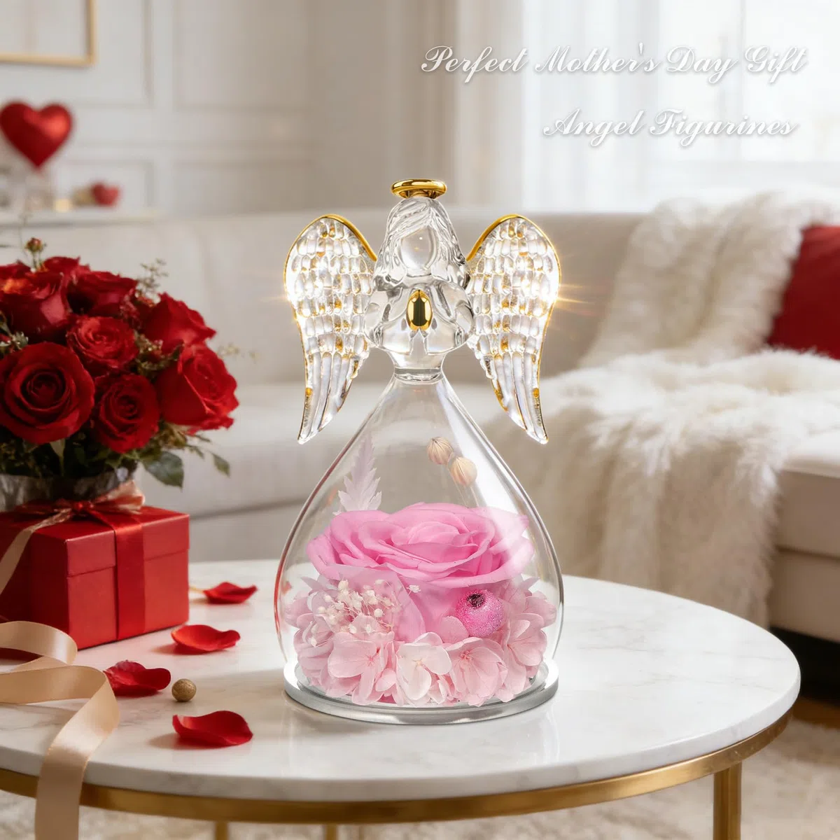 Sunia Rosa Eterna Regalo Donna, Rosa Stabilizzata Vera in Angel Cupola, Angelo Figurine di Vetro per Mamma e Nonna, Regali Compleanno, Natale, San Valentino e Festa della Mamma
