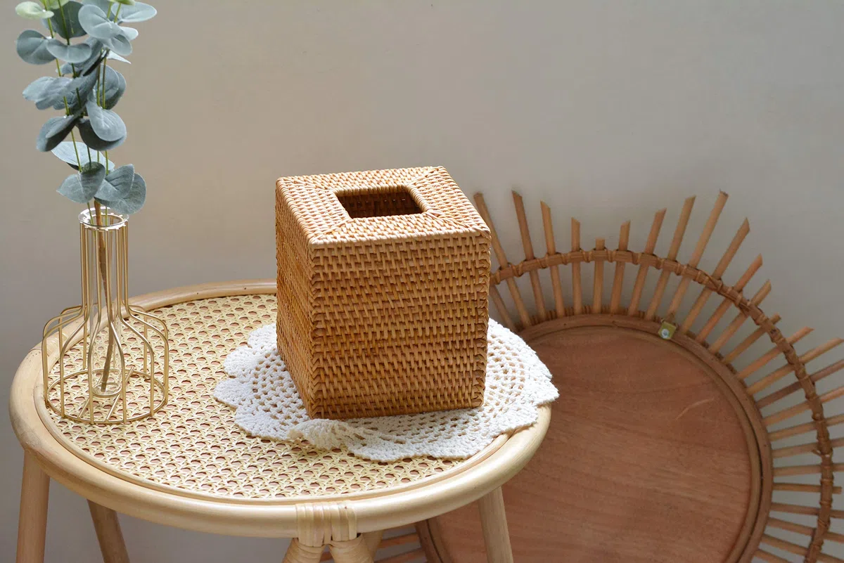 Scatola per fazzoletti in Rattan Quadrato, Scatola per Salviette in Vimini per Casa Ufficio Bagno,14,5 x 14,5 X 14,5 cm, Giallo