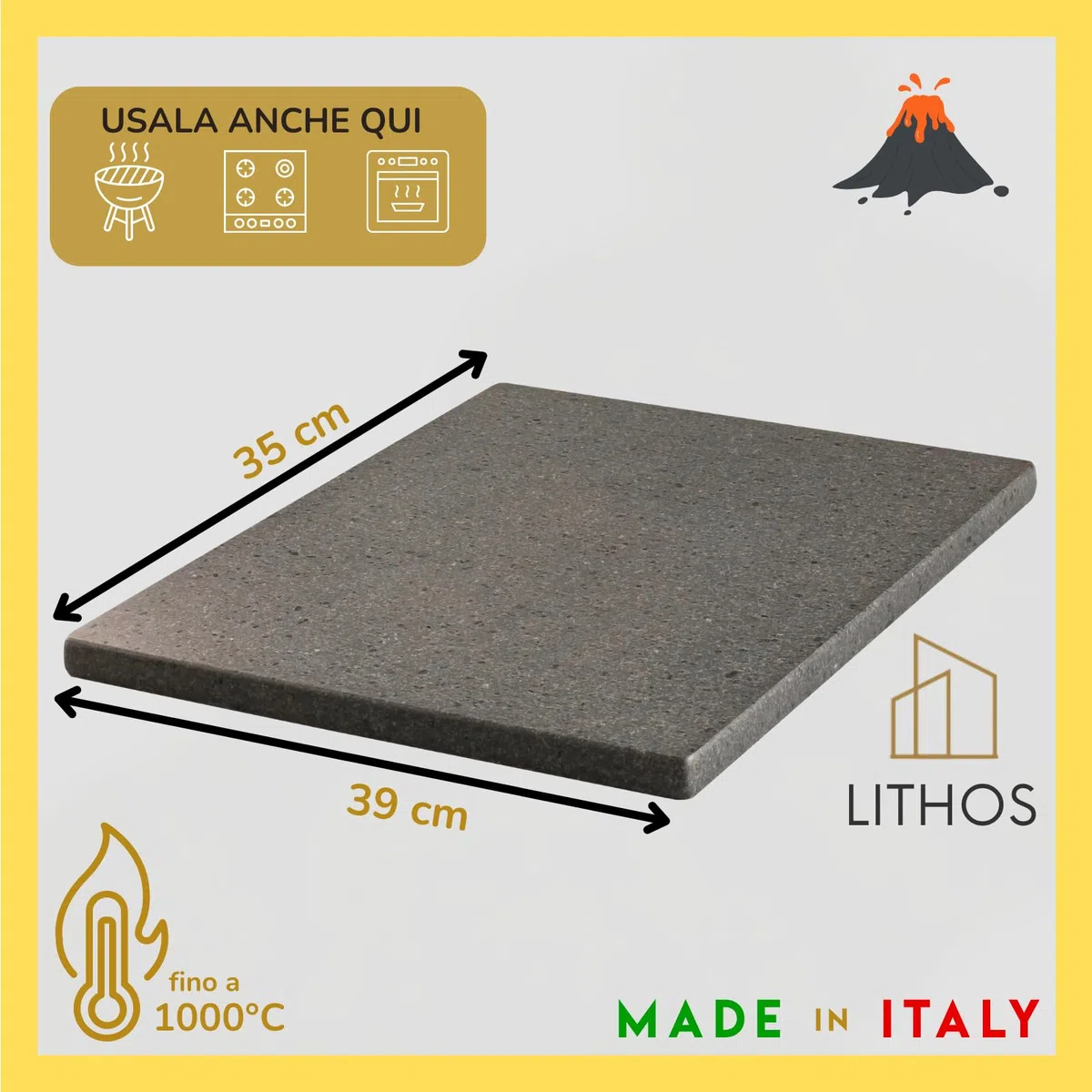 Piastra in Pietra Lavica Refrattaria dell'Etna per Forno e Barbecue, 39 x 35 cm, spessore 2cm, superficie levigata liscia