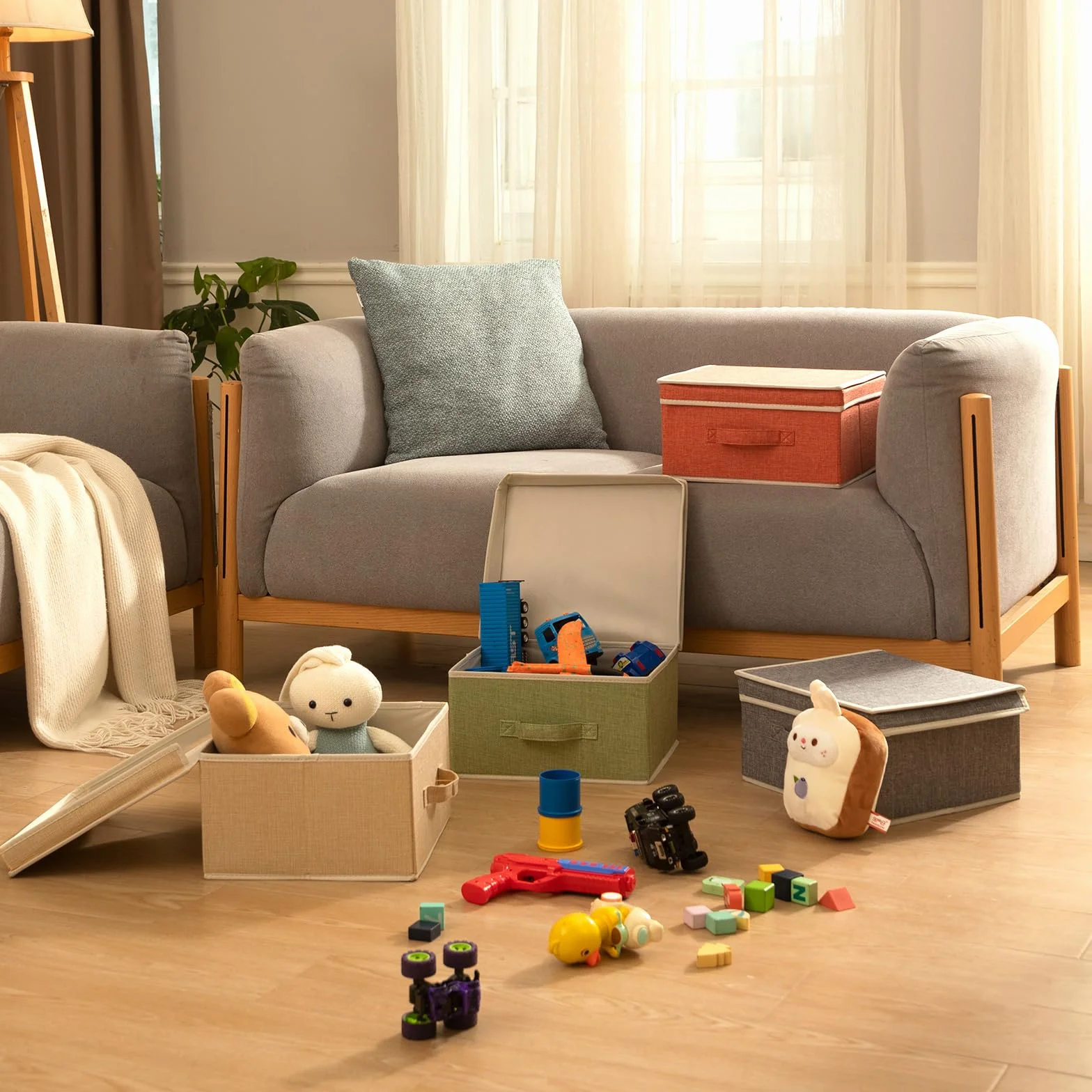 BrilliantJo Scatole portaoggetti con Coperchio, cestello Porta Abiti Pieghevole con Manico per Giocattoli, Libri, Armadio, Camera da Letto, casa, 33,5 * 31,75 * 17,5cm, 4x Colori dell'arcobaleno