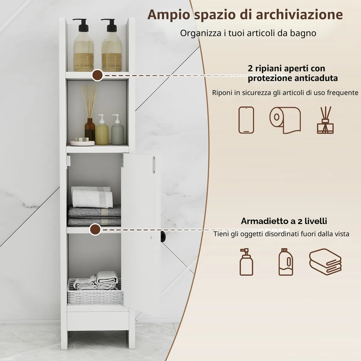 LIFEZEAL Armadietto portaoggetti da bagno stretto, mobile angolare compatto con porta chiusa e ripiani regolabili, mobile portaoggetti per bagno, lavanderia, soggiorno (bianco)