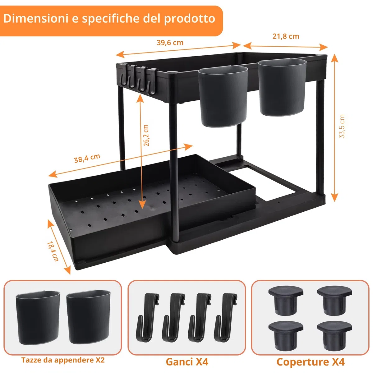 Organizer Sottolavello Cucina a 2 Livelli Organizer Bagno Portaoggetti 4 Cuscinetti Antiscivolo e 4 Ganci 2 Tazze Sospese Portaoggetti Scorrevole Rimovibile Adatto Per La Cucina Del Bagno