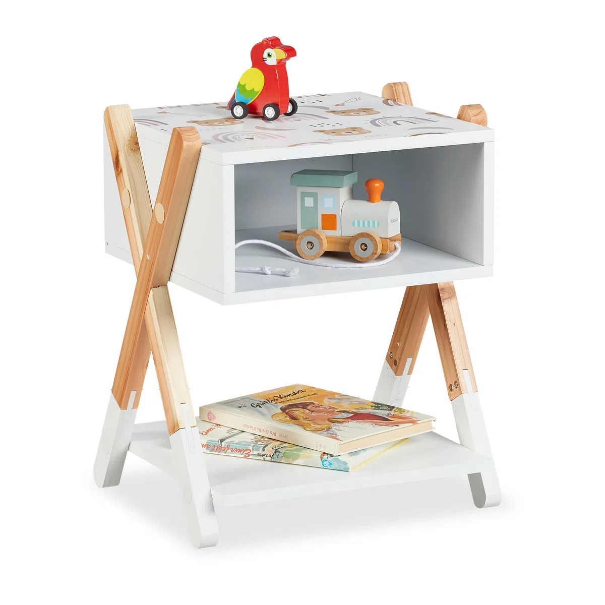 Relaxdays Comodino da Letto per Bambini, Tavolino con Scomparto Giochi Cameretta, 42x34x30 cm, Legno e MDF, Multicolore