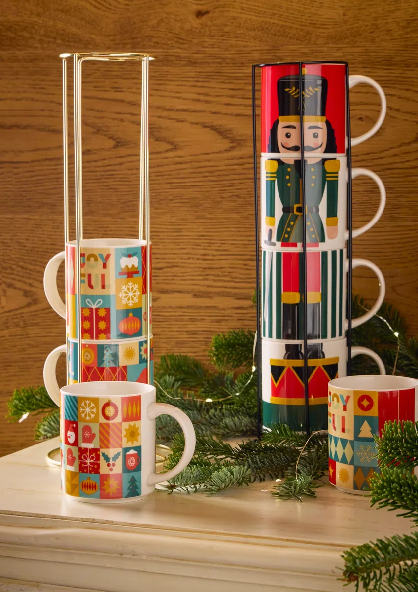 Tognana, Set 4 Mug Cc370 impilabili Con Supporto Xmas Wrap, New Bone China, Multicolor