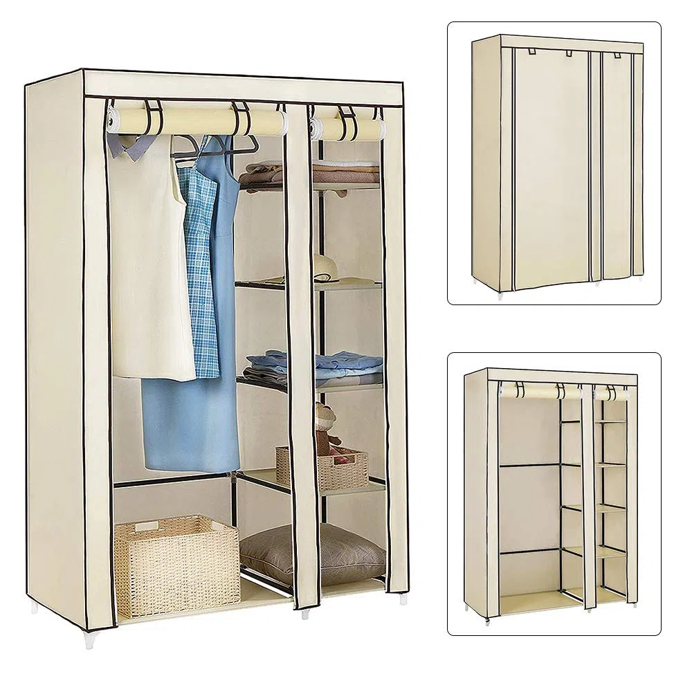 Armadio in Tessuto, Guardaroba, Appendiabiti, Ripiani Portaoggetti,con Asta per Abiti con Copertura, Capiente, per Borse, Giocattoli, Scarpe, Soggiorno, Camera da Letto, 110*45*175 cm (beige)