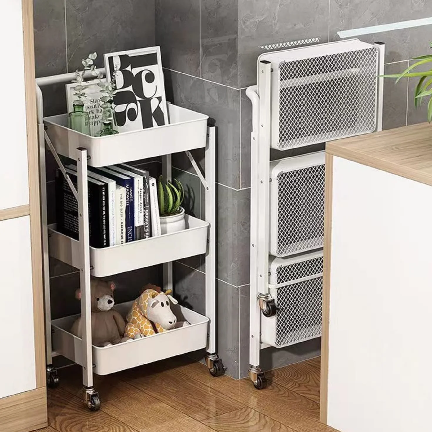 Megashopitalia Carrello Cucina Pieghevole Multiuso con Manico 3 Ripiani Cestelli 4 Ruote girevoli e Freno Integrato in Metallo Trolley Salvaspazio da Servizio Bianco