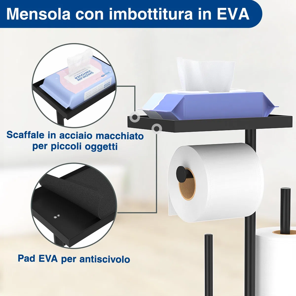 Porta carta igienica in acciaio inossidabile con scopino per WC - Set per WC con vassoio, spazzolino per WC e porta carta igienica