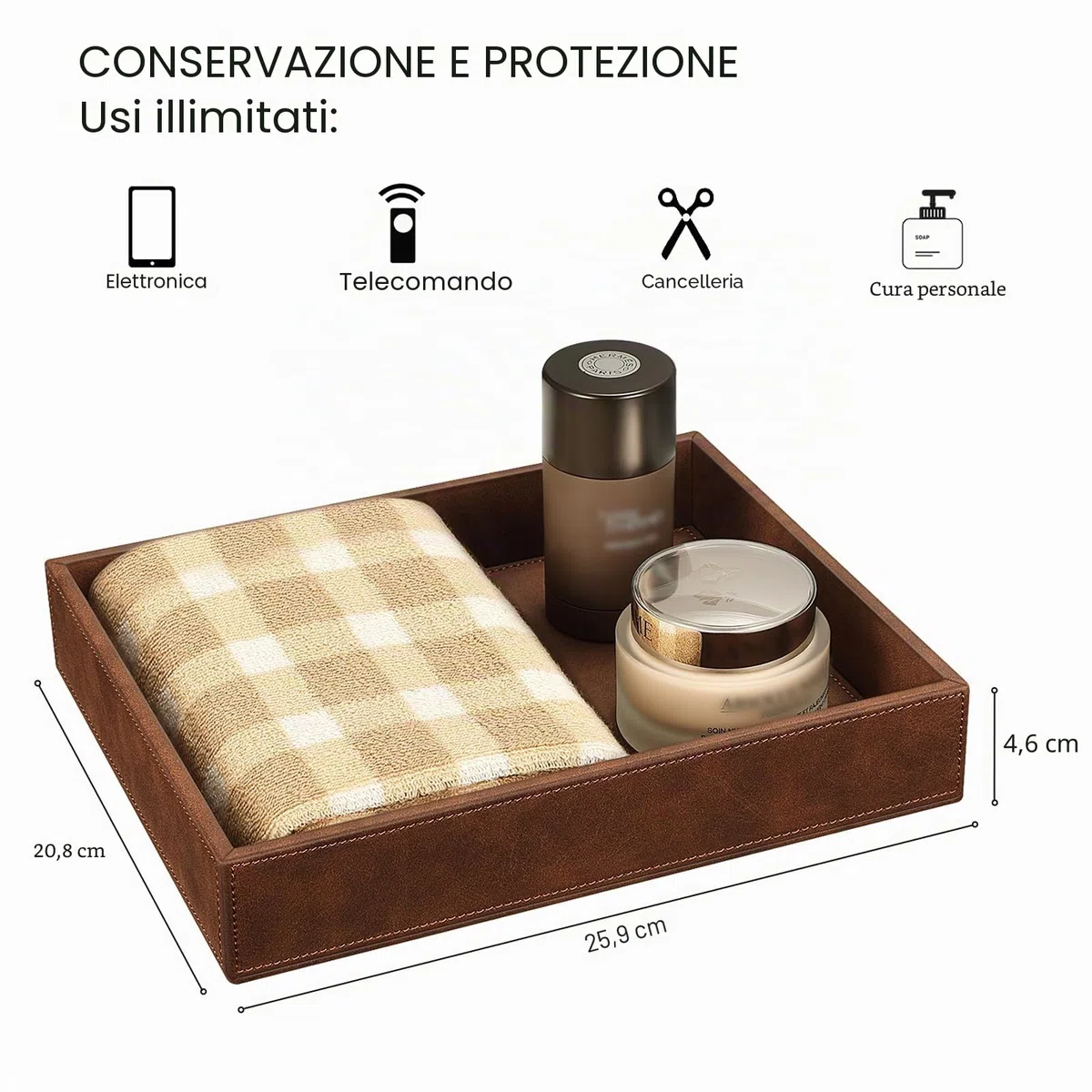 SITHON Vassoio Portaoggetti Organizzatore da Scrivania, PU Pelle Contenitore Organizer Vassoio da Svuotatasche Bagno Comodino, per Monete, Cellulari, Gioielli, Telecomando, Chiavi, Telefono, (Marrone)