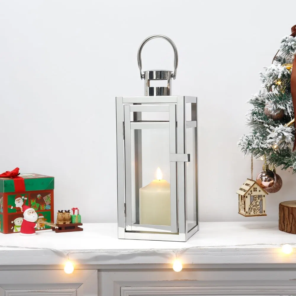 TRIROCKS Lanterna Decorativa in Acciaio Inossidabile 30 cm Alta, Portacandela a Sospensione con Pannelli di Vetro Trasparente, Perfetta per Decorazioni Casa, Soggiorno, Eventi (Argento)