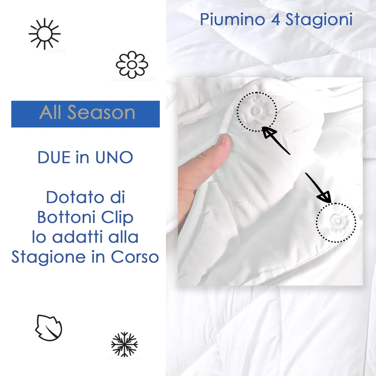 Home Tresor - Piumino Una Piazza e Mezza 4 Stagioni | nr 2 Piumini Componibili con Bottoni Clip | Morbida Microfibra | cm. 200x200