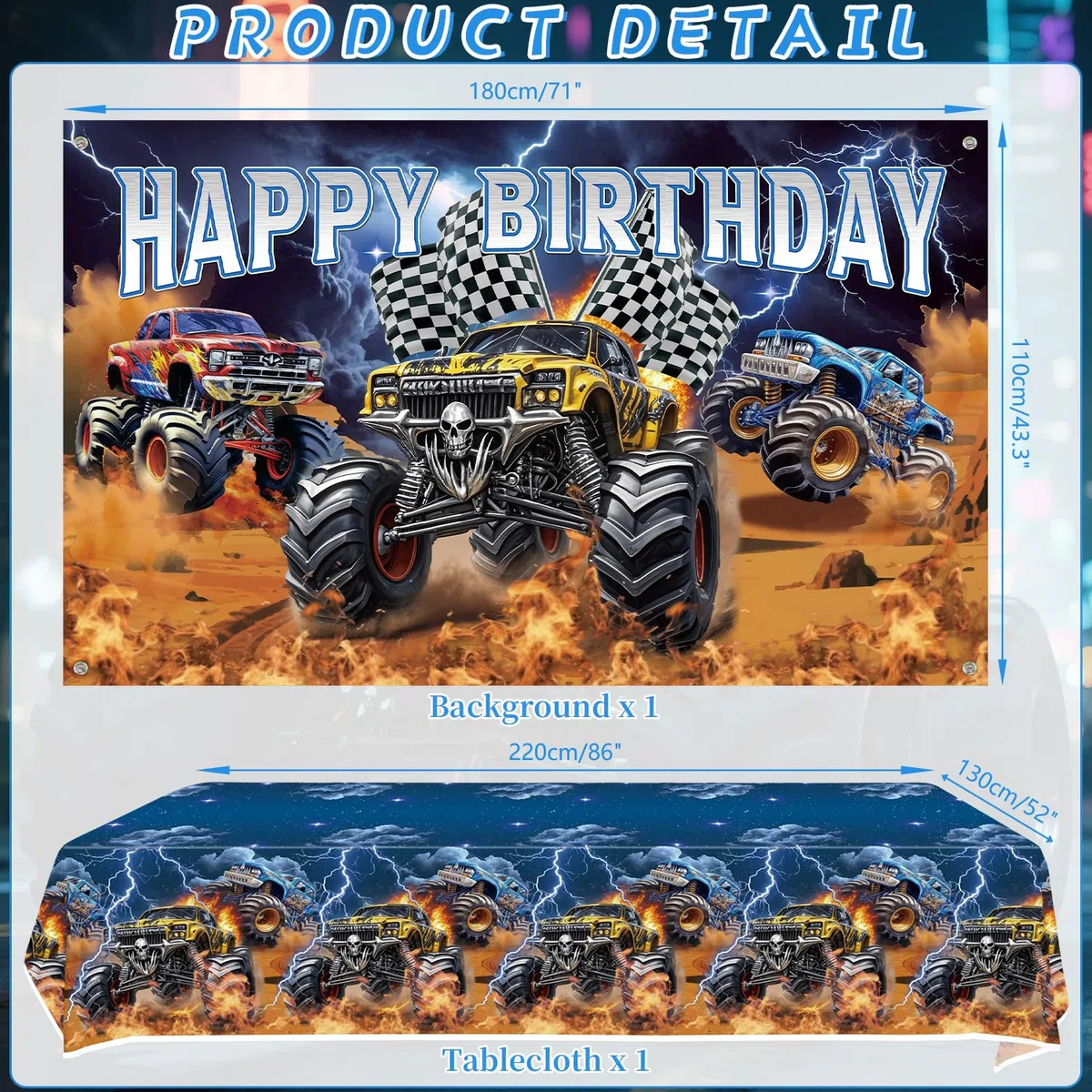 Monster Truck Decorazioni per feste di compleanno – Monster Truck accessori per feste tra cui sfondo, piatti, decorazioni per torte, bicchieri, tovaglioli, palloncini, tovaglia – per 20