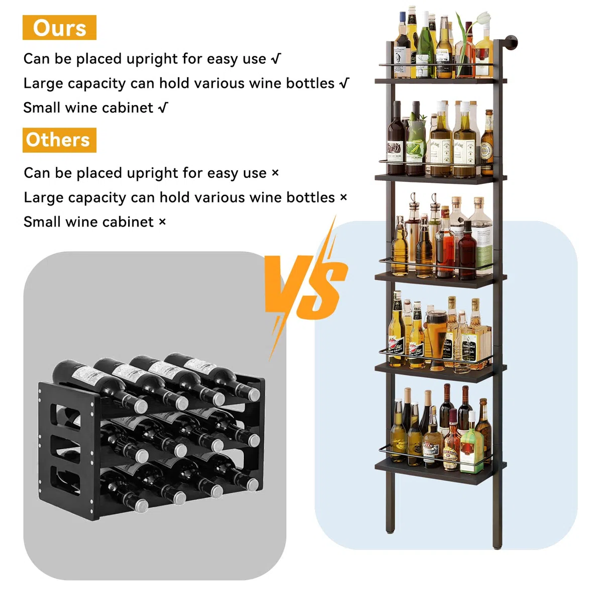 YMYNY 5-Tier scaffali di vino indipendenti, scaffale di esposizione bottiglie di liquore con recinzioni, scaffale galleggiante montato a parete per la cucina, 43 x 20 x 177CM Nero HWR001B