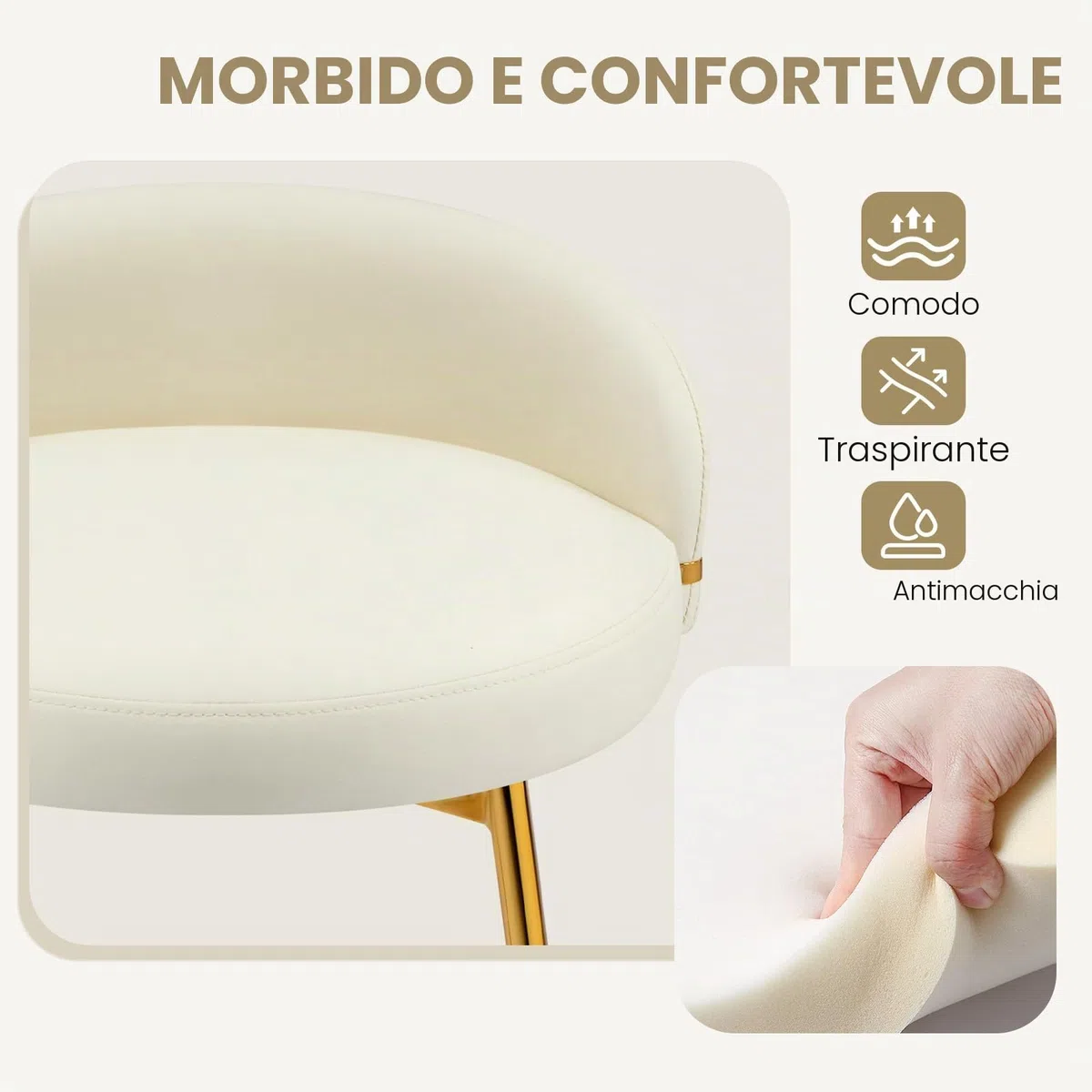 Hellove Sgabello per Toeletta Trucco, Sgabello Basso con Gambe in Metallo Dorato, Moderno Makeup-Hocker in Pelle, Stool Poggiapiedi con Schienale Curvato per Camera da Letto, Soggiorno, Beige