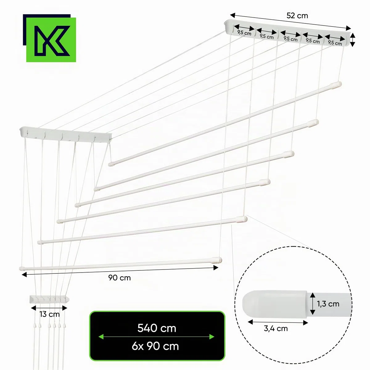 KADAX Stendibiancheria da Soffitto in Acciaio Rivestito in Polietilene, Stendino con Design Salvaspazio e Capacità di Carico di 12 kg (Bianco, 6 x 90)