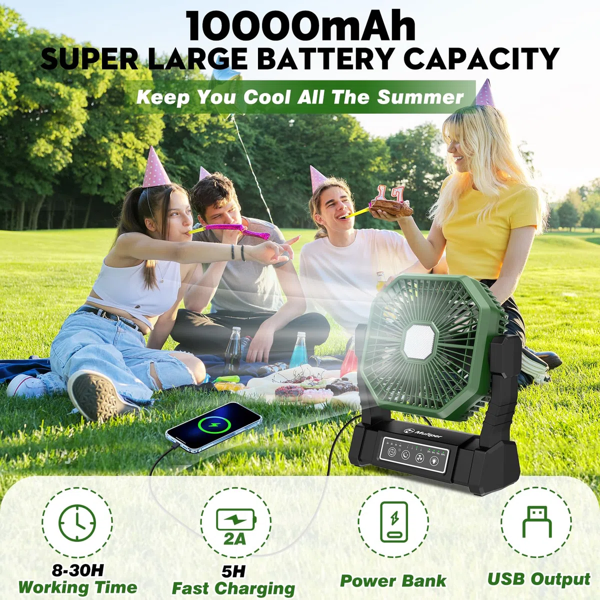 Multper Ventilatore da Campeggio con Luce LED, 4 Velocità 10000mAh Ventilatore Portatile USB Ricaricabile con Telecomando e Gancio, Ventilátore da Tavolo Silenzioso per Casa, Ufficio, Viaggi, Picnic
