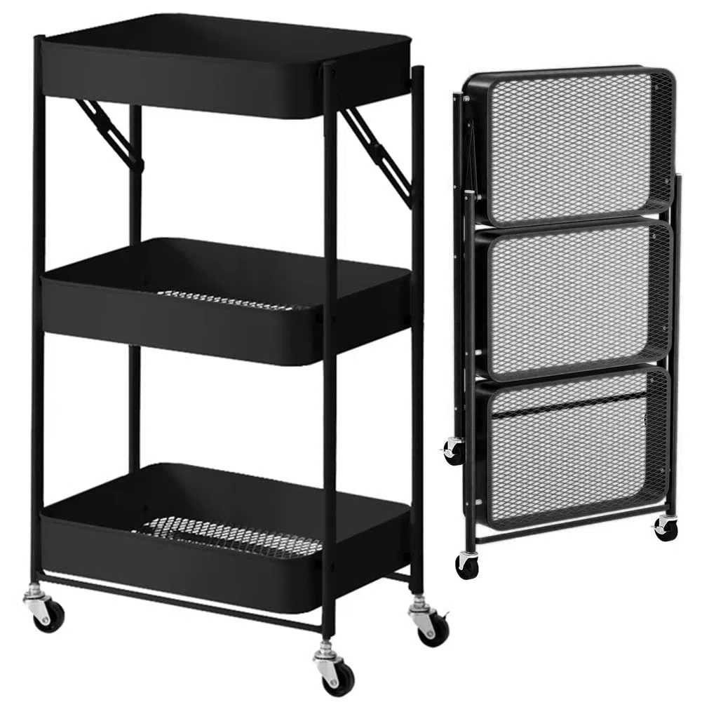 BAKAJI Carrello Cucina Pieghevole con 3 Ripiani Cestelli 4 Ruote girevoli a 360 Gradi con Freno Integrato in Metallo Trolley Salvaspazio da Servizio Dimensioni 29 x 40 x 76 cm (Nero)