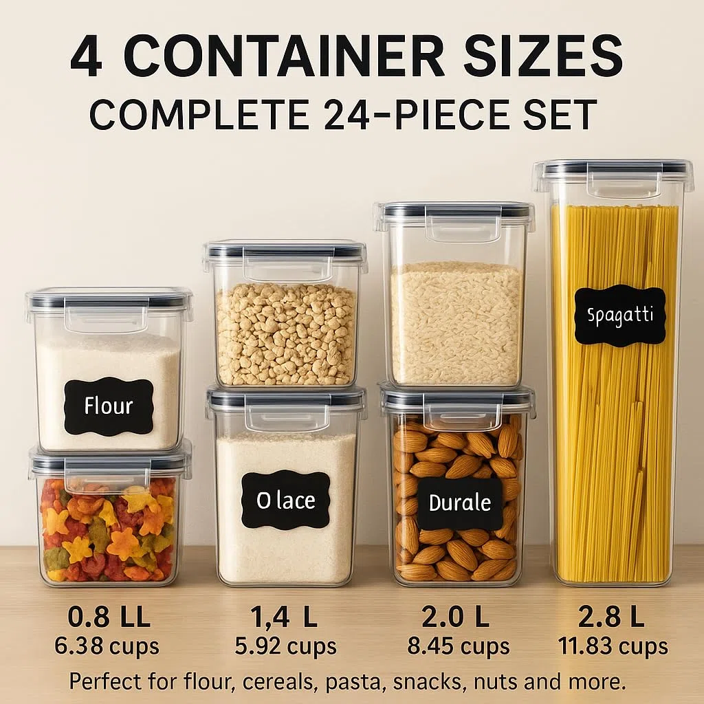 GiDeli Contenitori con coperchio ermetici – Set di 24 contenitori in plastica – senza BPA – Scatole da cucina grandi – Organizzatore per farina, zucchero e grani – con penna ed etichetta