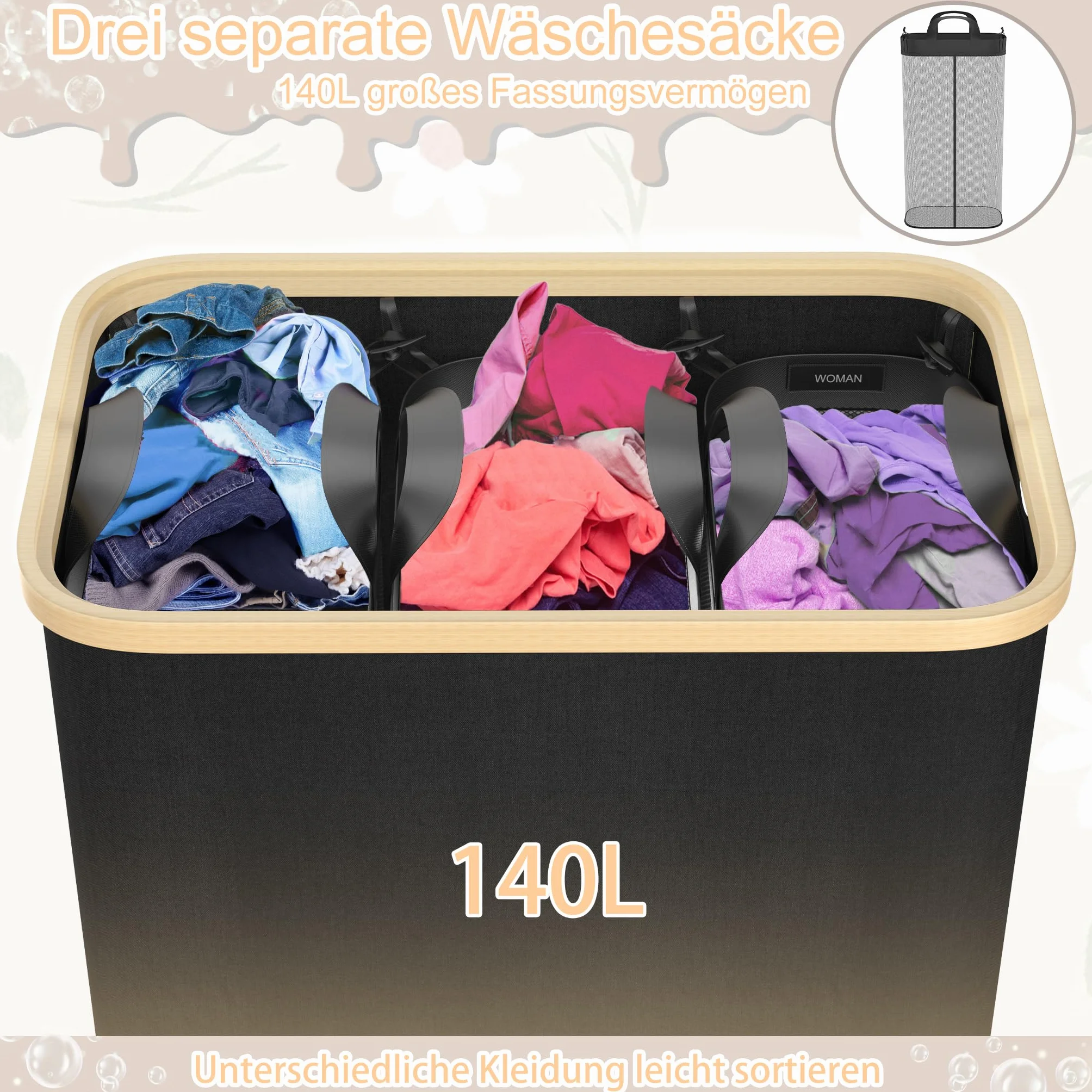 Froadp Cesto portabiancheria a 3 scomparti, pieghevole da 140 l, con coperchio per bagno e camera da letto, robusto cestino con maniglie, 3 sacchetti lavabili (nero)
