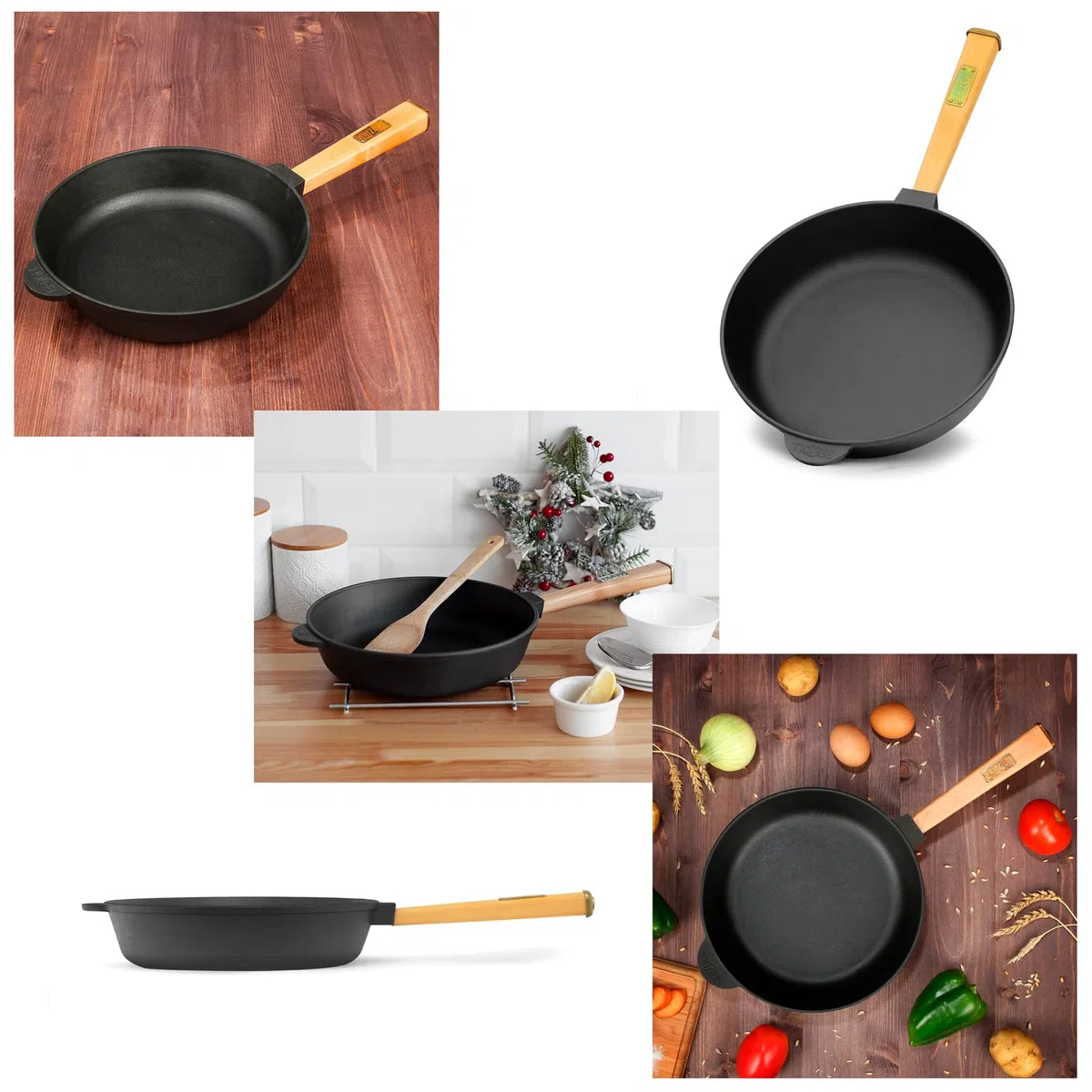 Padella in ghisa, diametro 24 cm, altezza 62 mm, con manico in legno, padella in ghisa a induzione, padella in ghisa, adatta per barbecue a gas, forno, focolare e tutti i piani cottura, con induzione