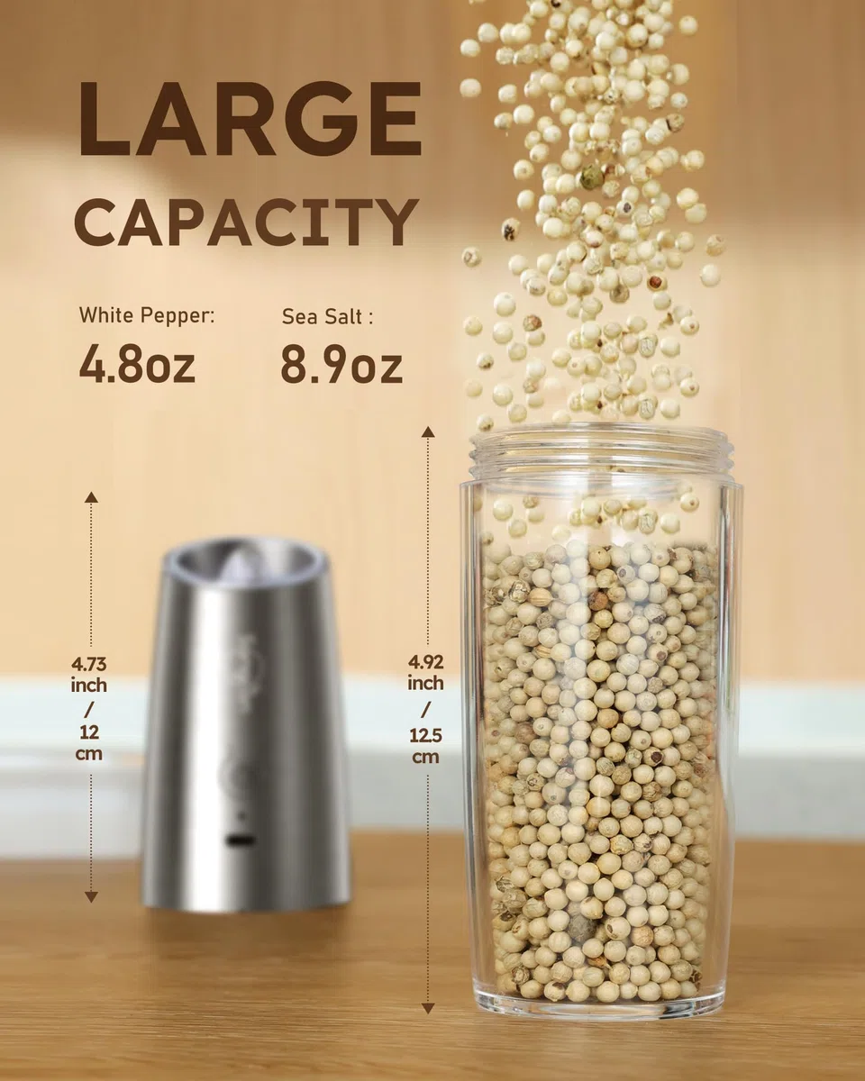 【Capacità XL Aggiornata 】Sangcon Set Macina Sale e Pepe Elettrico con Sensore di Gravità e Interruttore, Mulini per Spezie Ricaricabili USB, Funzionamento con una Sola Mano, Regolabile, Argento