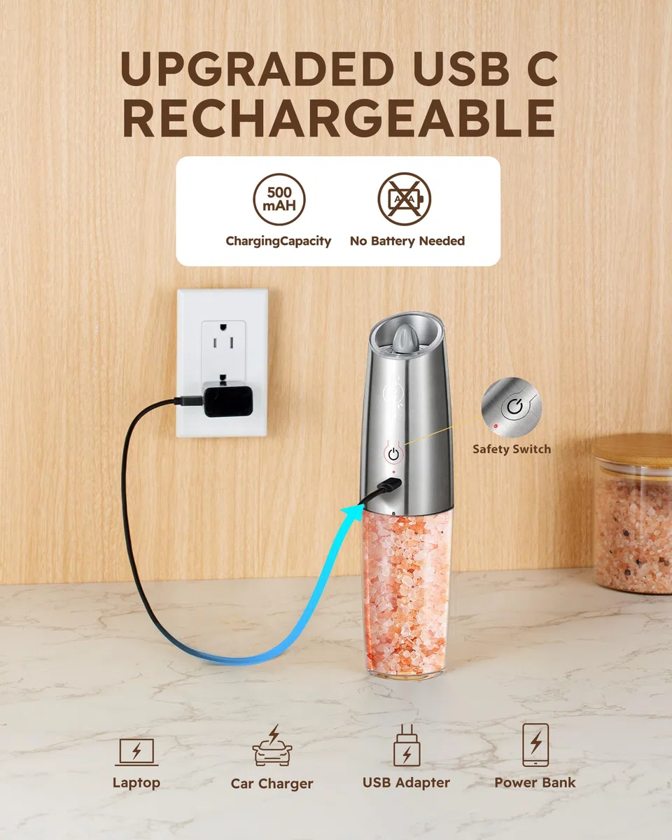 【Capacità XL Aggiornata 】Sangcon Set Macina Sale e Pepe Elettrico con Sensore di Gravità e Interruttore, Mulini per Spezie Ricaricabili USB, Funzionamento con una Sola Mano, Regolabile, Argento