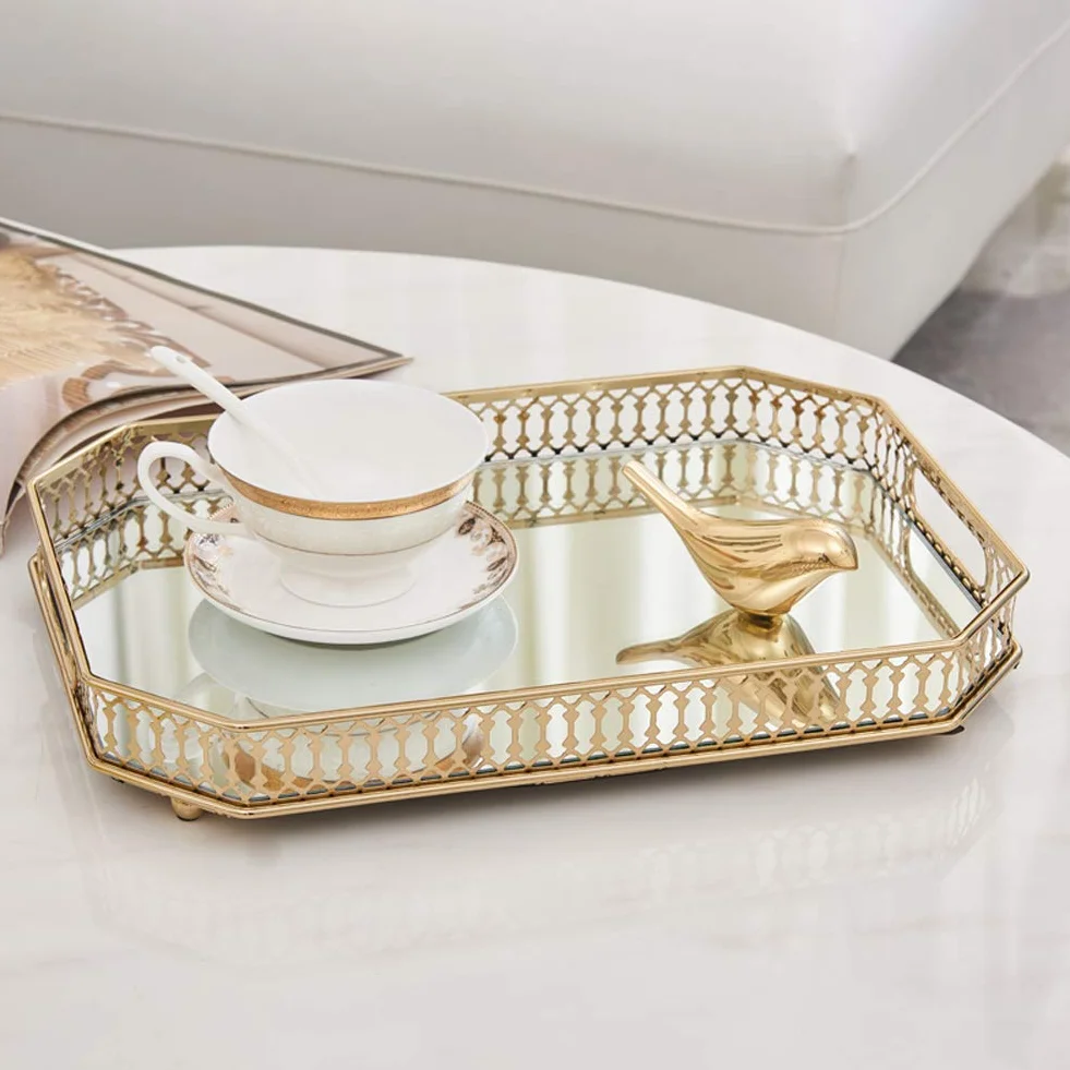 Vassoio Decorativo Ornato con Specchio in Metallo, Portacandele, Vassoio per Cupcake Serpente, Vassoio per Tavolo, Vassoi per Frutta, Organizzatore di Gioielli Cosmetici, Piatto Multifunzionale, Oro