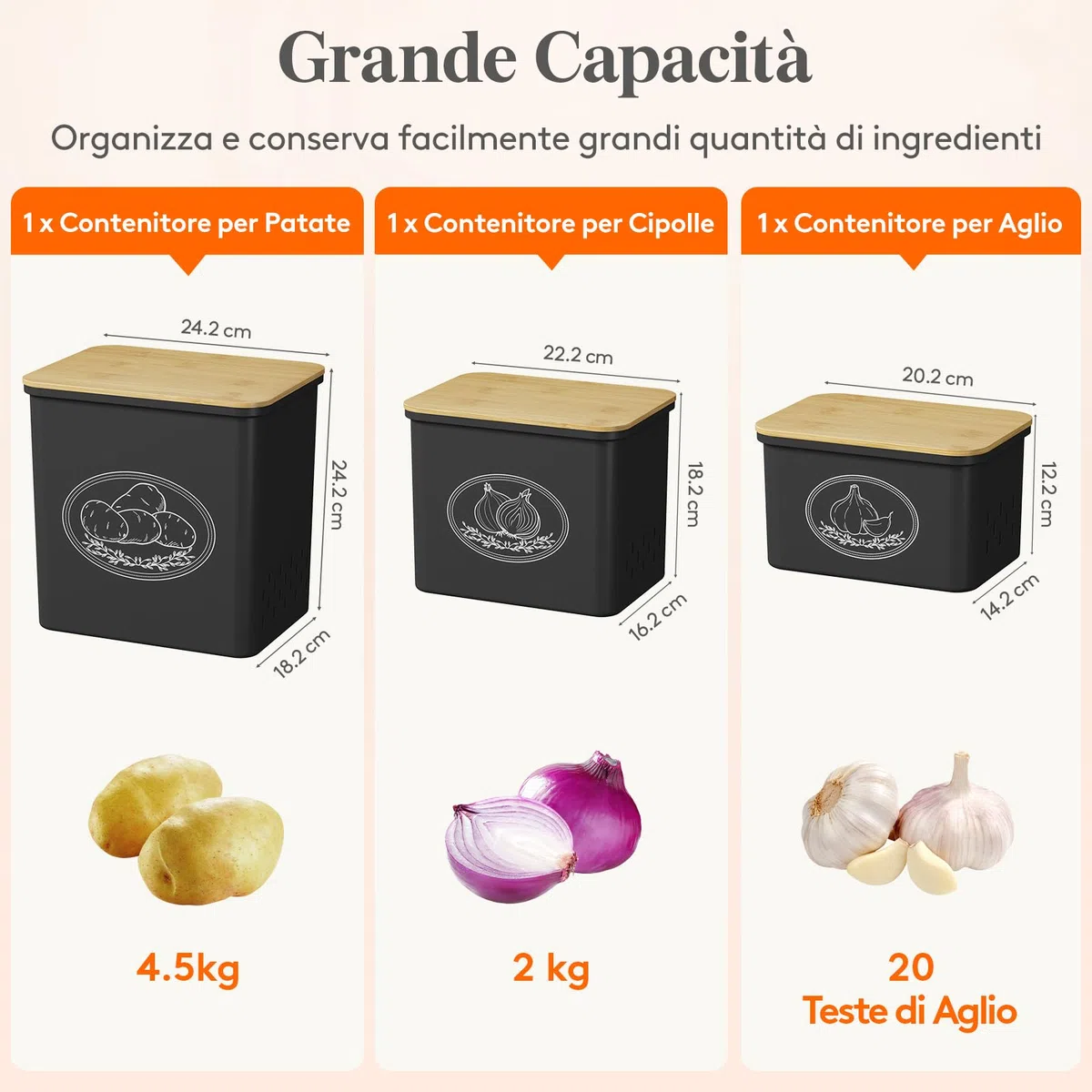 Lifewit Porta Patate, Grandi Porta Cipolla con Coperchio e Fori di Ventilazione, Contenitori Cucina Impilabili in Plastica, 24 cm(H), Nero, 3 Pezzo