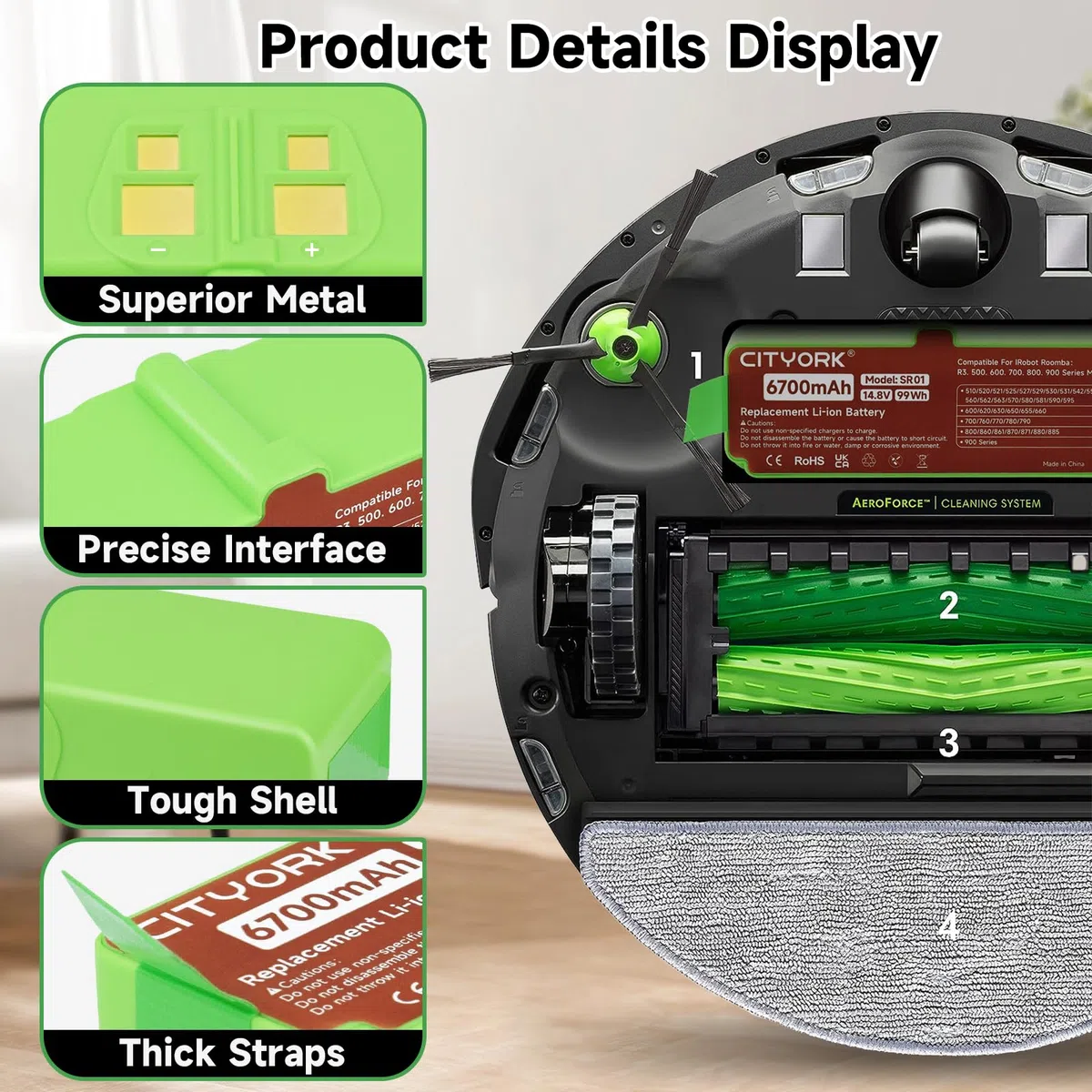 CITYORK 6700mAh Litio Batteria per iRobot Roomba 980 981 985 976 971 960 966 965 900, 880 896 895 890 891 800, 690 695 680 676 675 650 630 615 606, 780 776 760, 560 555 500 iRobot Roomba Batteria
