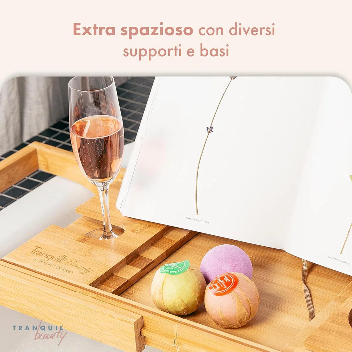 TranquilBeauty Tavola da bagno in bambù naturale sostenibile, con meccanismo a fessura sicuro per iPad, tablet e telefono | lusso allungabile sopra il vassoio da bagno con supporto per vino
