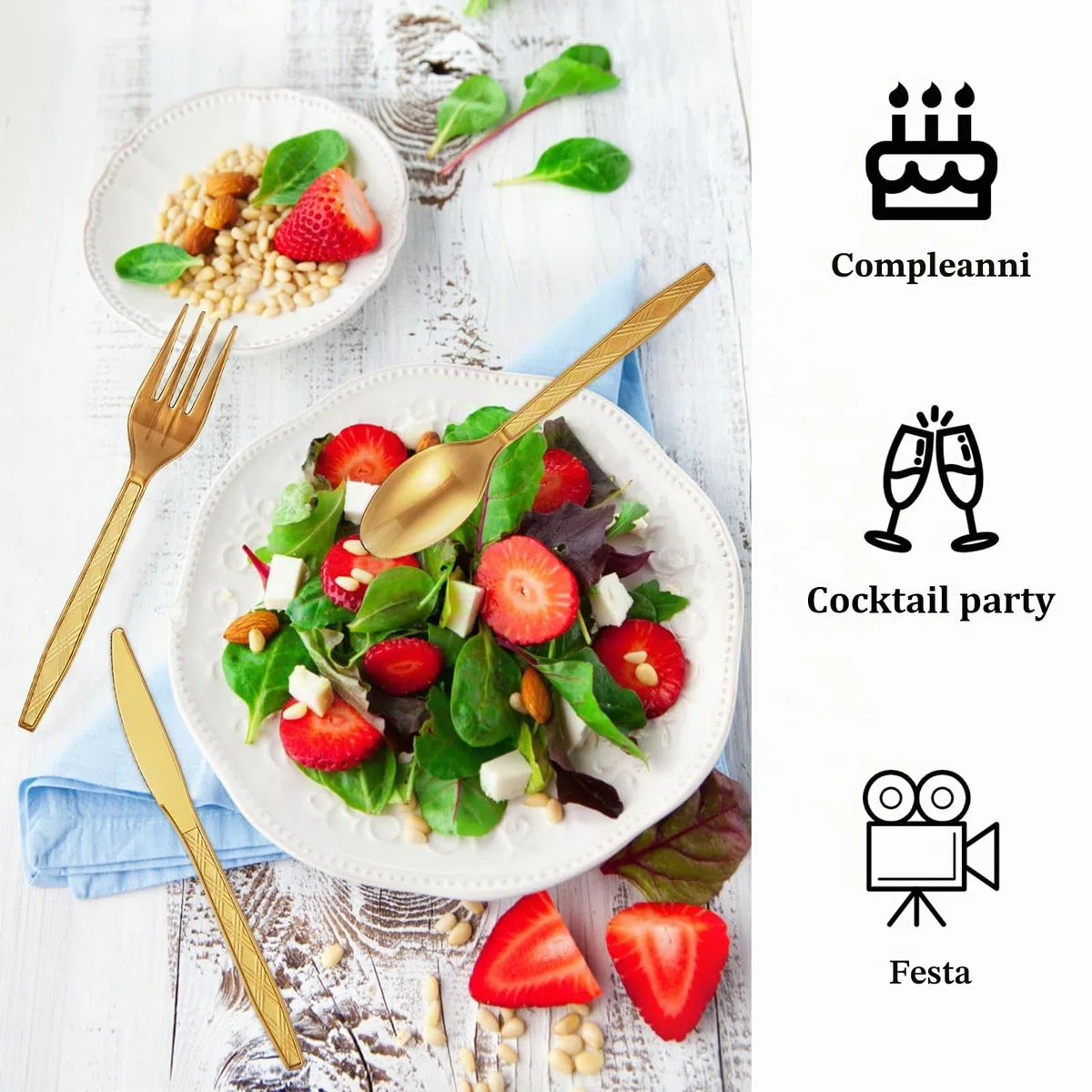 Posate in Riutilizzabili 120 Pezzi Posate in Bianca Resistenti 40 Forchette, Coltelli, Cucchiaio per Compleanni, Feste, Catering, Matrimoni, Dorato