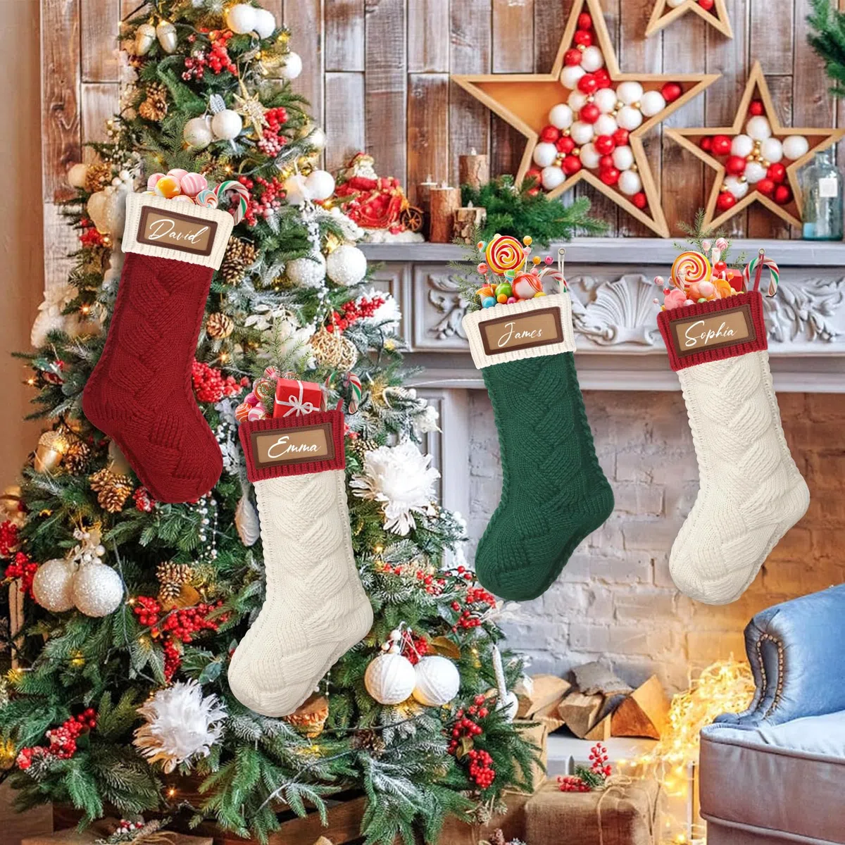 Dremisland 4 Pezzi Calza Befana Personalizzata Calze Natalizie da Appendere con Nome 46cm Calzini Grandi in Maglia Appendibili Calza Befana Natale per Camino Albero Natale Decorazioni Feste di Natale