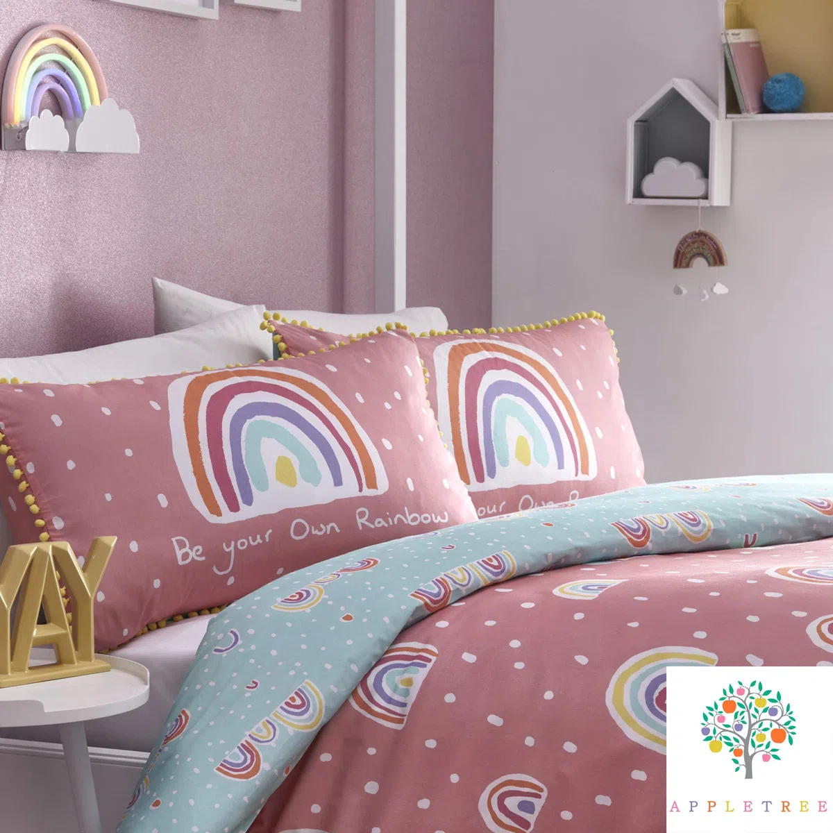 Appletree - Set Copripiumino con Pompon Arcobaleno, 100% Cotone, Rosa, Doppio