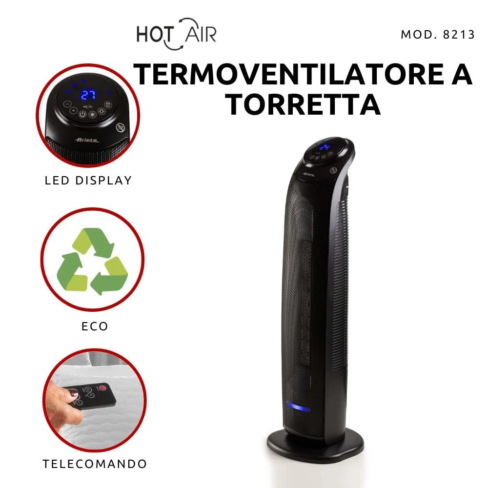 Ariete 8213 Termoventilatore a torretta, 2200W, 3 velocità, Timer fino a 8 ore, Funzione ventilazione, Funzione oscillazione, Tecnologia ceramica, Led display, Nero