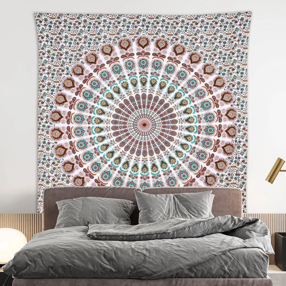 Bless International Arazzo da appendere alla parete o per biancheria da letto, stile hippie indiano, bohémien, psichedelico, pavone, mandala (floreale oro, king size, 225 x 265 cm)