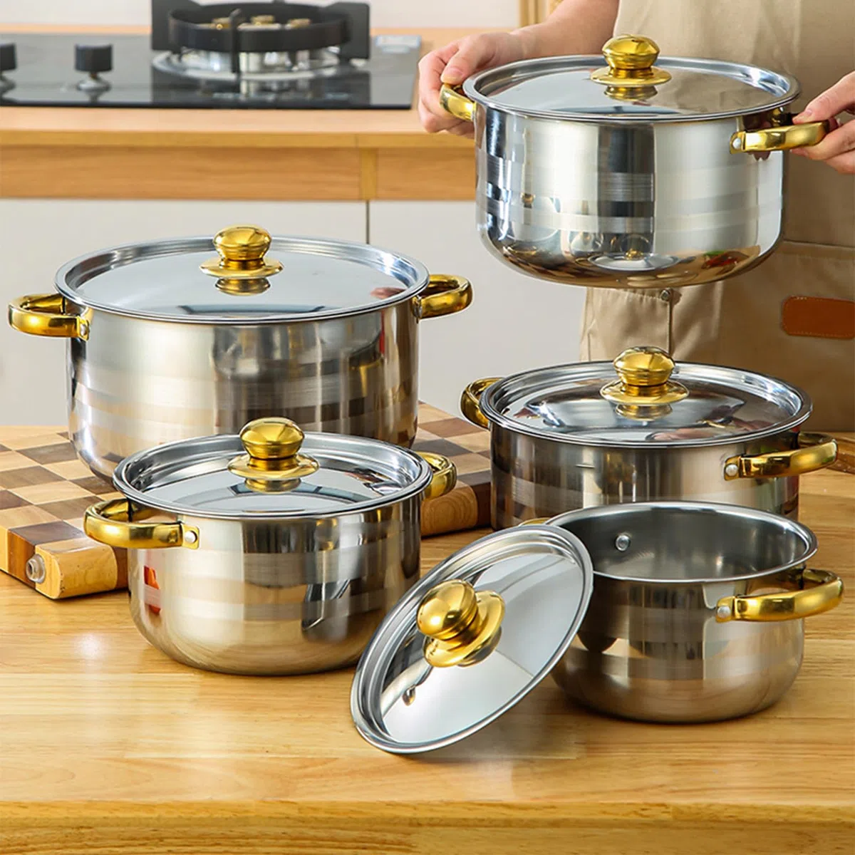 Set di pentole in acciaio inox, set di pentole in acciaio inox con due manici, set di 10 pentole con coperchi, per fornelli a gas, elettrici, a induzione, in vetroceramica e alogeni
