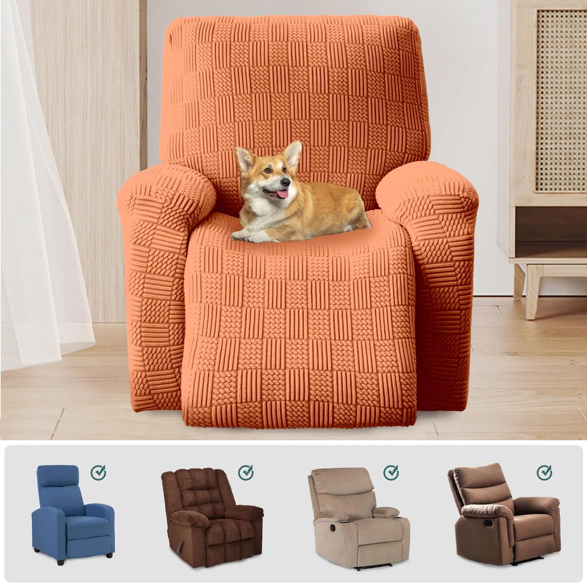 OKYUK - Fodera per Poltrona Relax, Alta Elasticità per Poltrona Relax Reclinabile, Fodera Reclinabile 4 Pezzi con Tasche Laterali, Rimuovibili e Lavabili, Protezione per Poltrona (Arancione a Righe)
