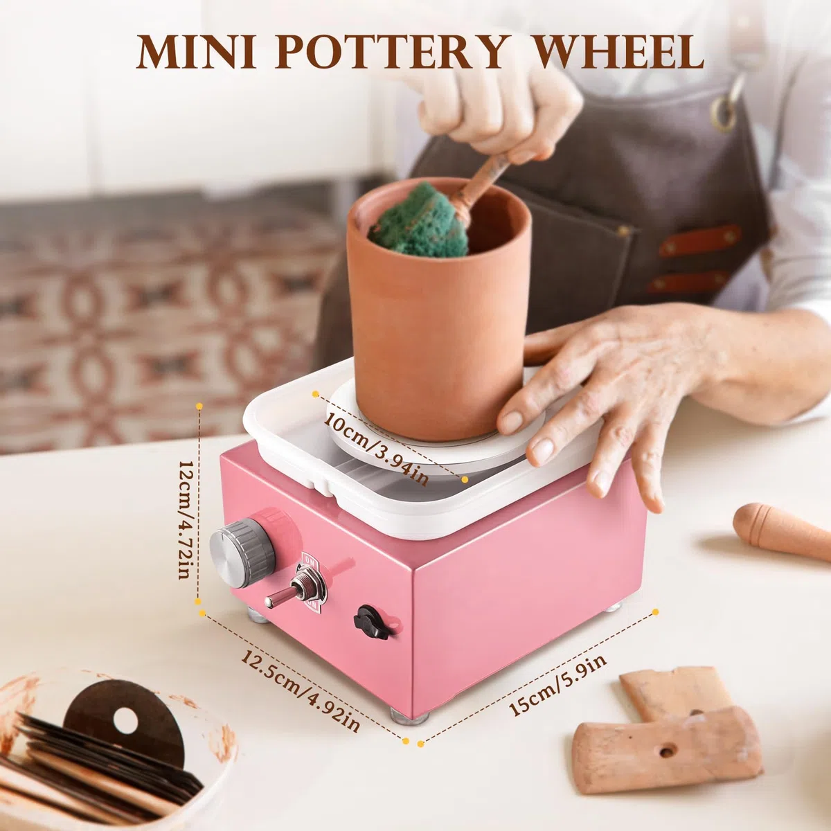 Tornio per Ceramica, Kooeuru Tornio per Argilla 2000 giri/min Velocità Regolabile con Piastre da 10/6,5 cm, Strumenti di Modellatura e Vasca Rimovibile, Tornio Ceramica per Bambini e Adulti, Rosa