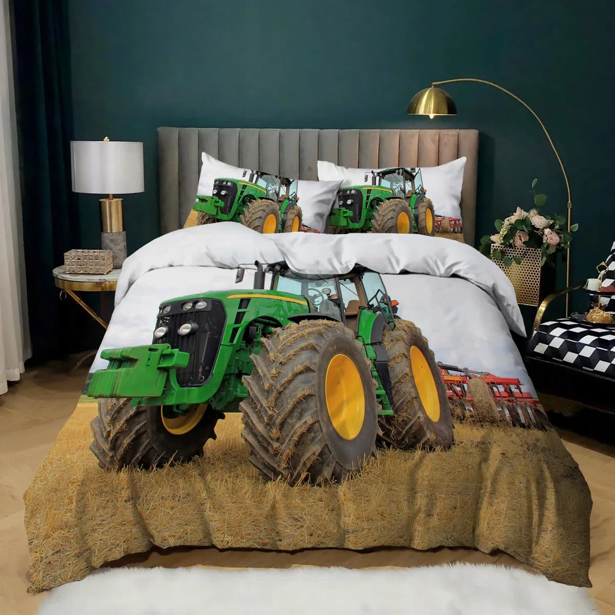 Copripiumino da Trattore 135 x 200 cm per Bambini,Microfibra,Motivo Trattore 3D,1 Copripiumino + 2 Federe 50 x 75 cm(Tractor 1)