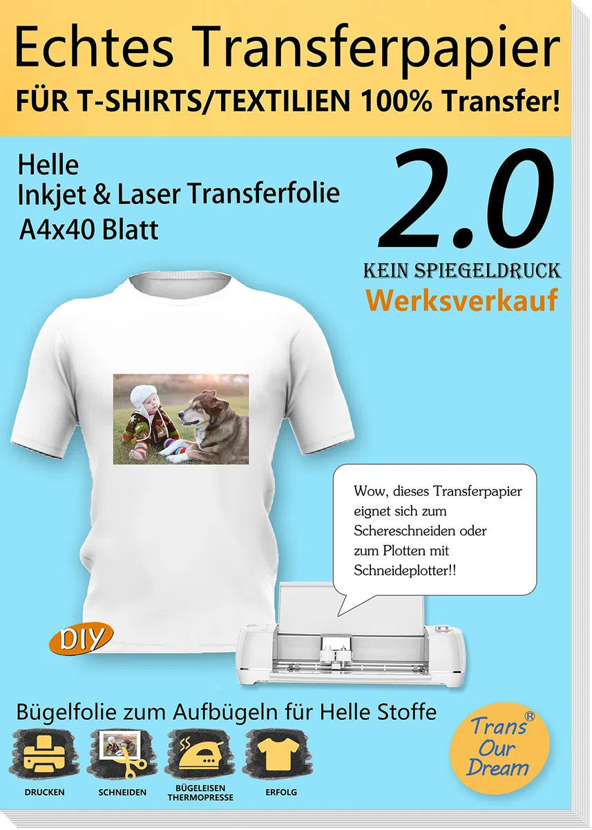 TransOurDream 40 X A4 + 4 A3, carta di trasferimento a getto d'inchiostro/laser, pellicola di trasferimento per stampanti a getto d'inchiostro, stampante laser, pellicola stampabile per magliette