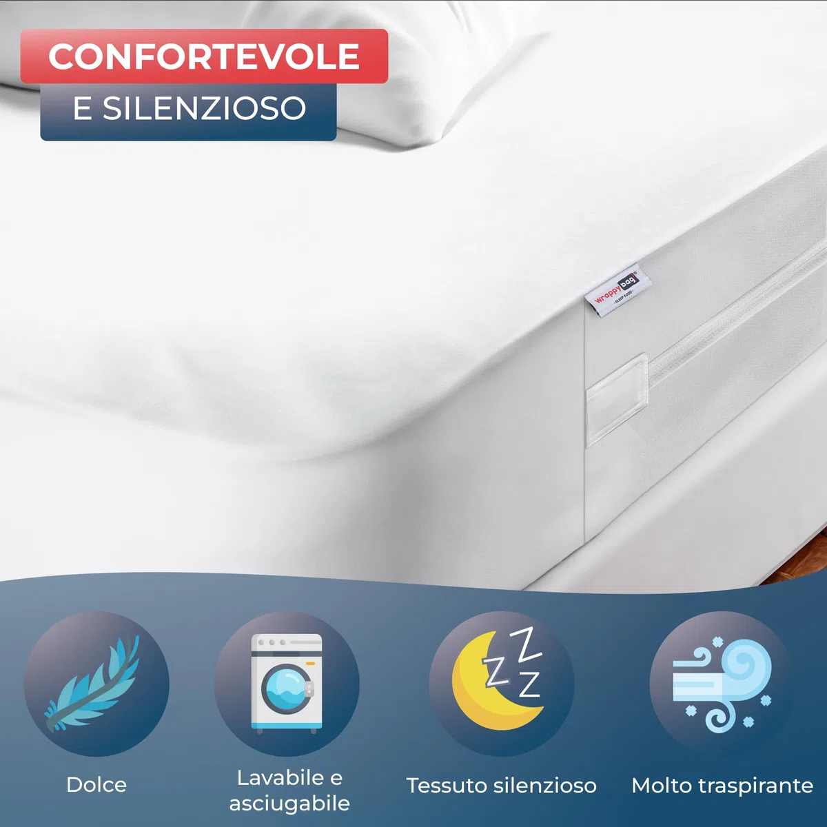 Wrappybag Coprimaterasso Antiacaro - Fodera Integrale Anti-Cimici & Anti-Acaro - Proteggi Materasso Impermeabile senza Trattamenti Chimici - per Materasso Matrimoniale 160 x 200 cm