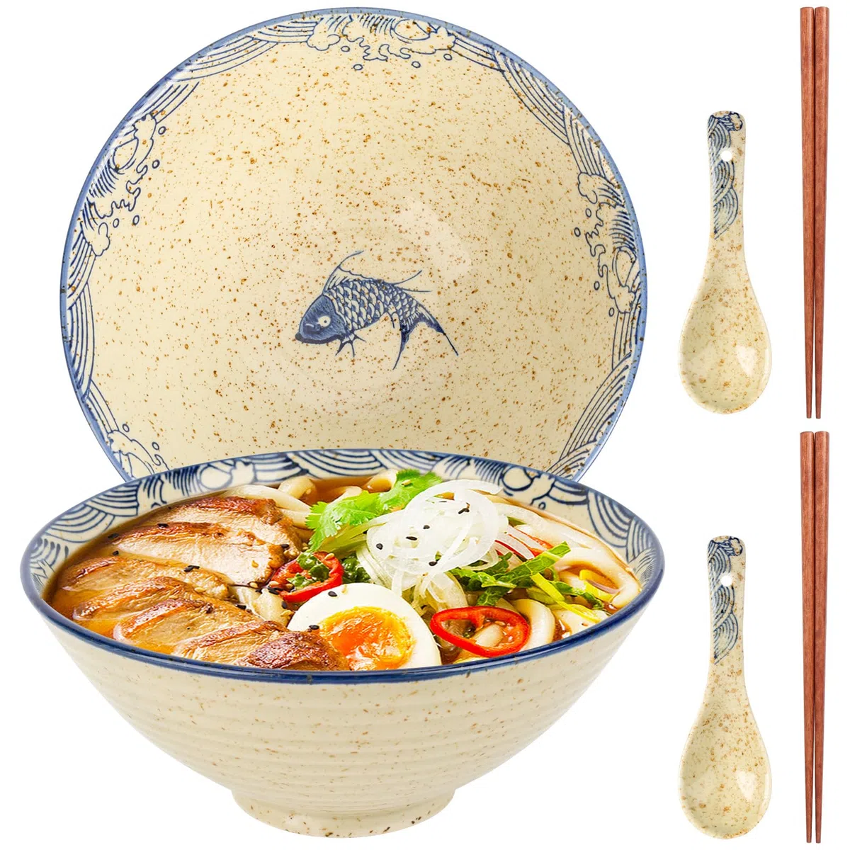 1200 ML Ciotole Giapponesi per Ramen, 2 Set Ciotola Ramen con Bacchette e Cucchiai, Ciotola Ramen in Ceramica, Ramen Bowl per Ramen, Zuppa, Insalata, Muesli, Grande Capacità 20.8 X 20.8 X 8.8 cm